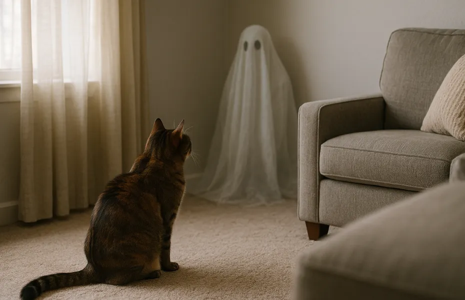 Gato atigrado marrón mirando fijamente a la esquina de una habitación a una figura con forma de fantasma envuelta en una sábana blanca, que representa el mito de que los gatos ven espíritus