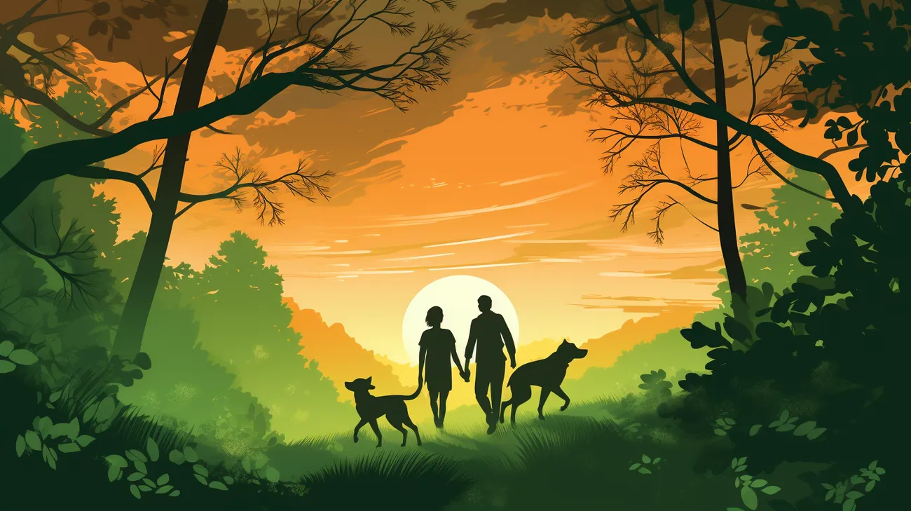 Dos personas llevando a sus perros a pasear por el bosque