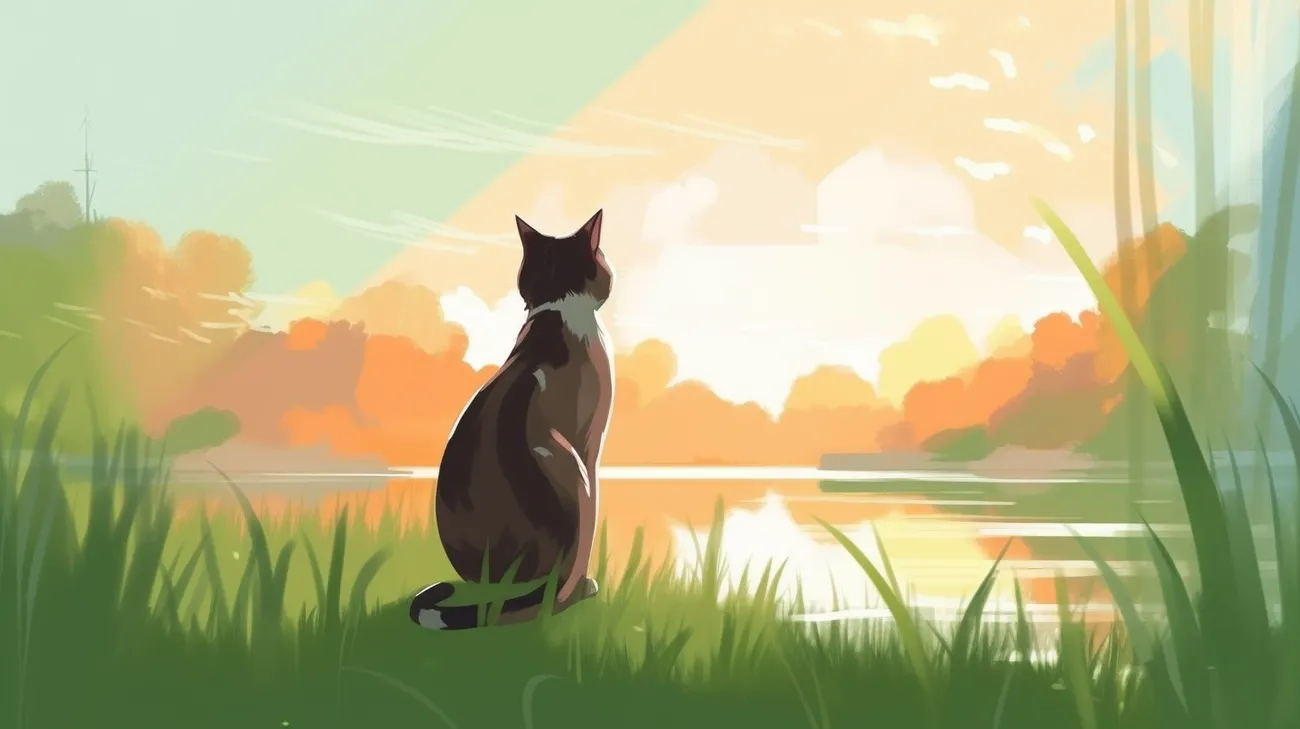 Female cat in heat sitting by a lake after roaming from home looking for a mate
