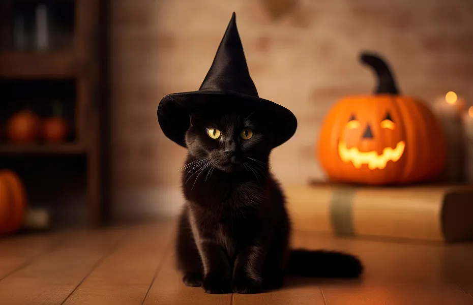 Eine schwarze Katze mit Hexenhut sitzt neben einer Kürbislaterne in einem gemütlichen Zimmer mit Halloween-Dekoration