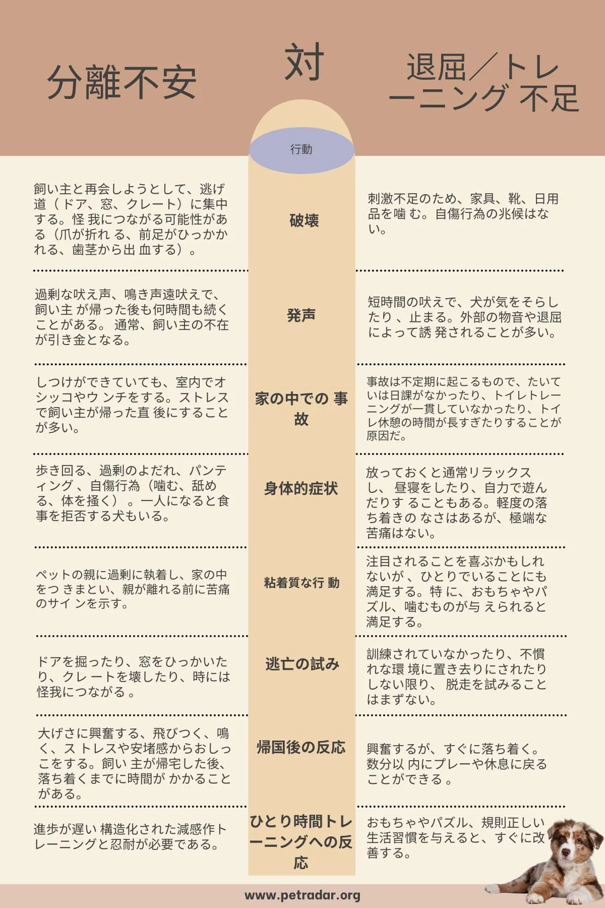 犬の分離不安と退屈の違いを示す表