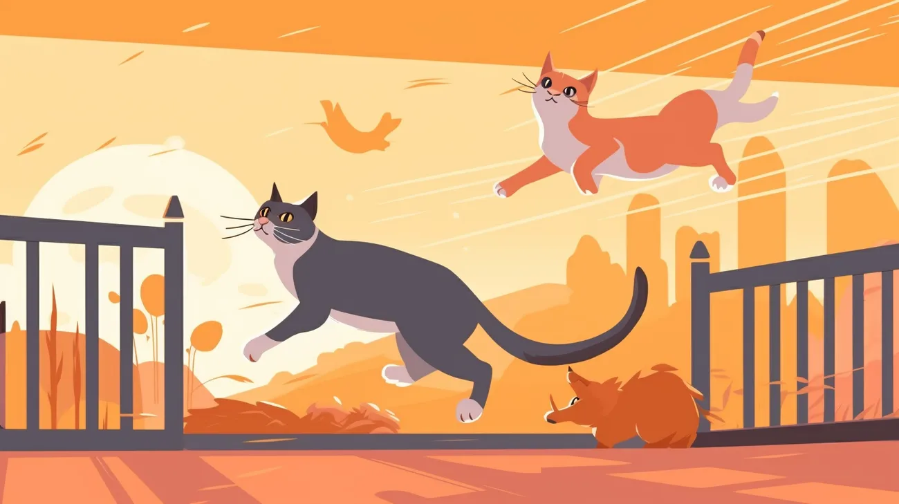 Ein junger, agiler Kater springt auf einen Zaun, während eine ältere Katze mit eingeschränkter Mobilität sich ausruht