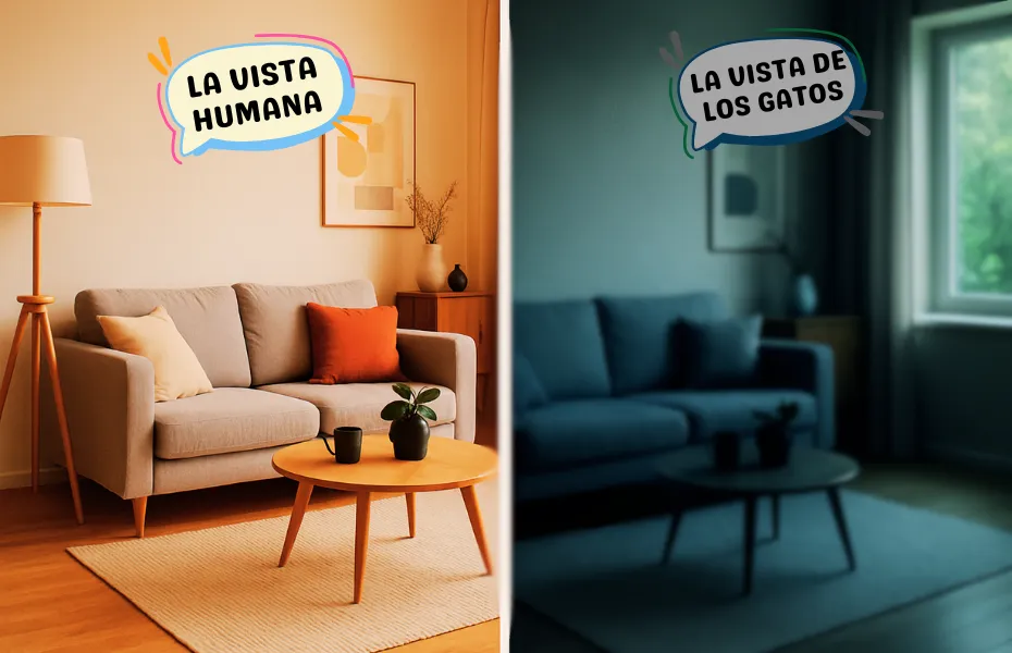 Comparación entre la visión humana y la visión simulada de un gato en una sala de estar, mostrando las diferencias en el color y la percepción