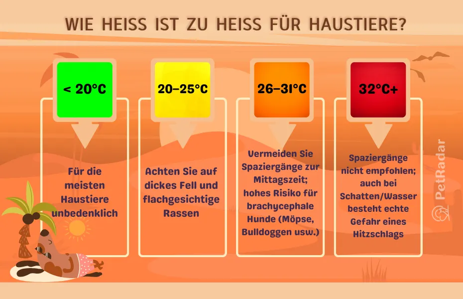Farbcodierte Infografik mit dem Titel „Wie heiß ist zu heiß? Sicherheit für Haustiere nach Temperatur“, die die Gefahrenstufen für Spaziergänge bei verschiedenen Temperaturen anzeigt