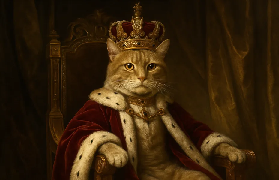 Un majestuoso gato atigrado naranja vestido con ropas reales y una corona enjoyada, sentado en un trono como un auténtico felino de la realeza