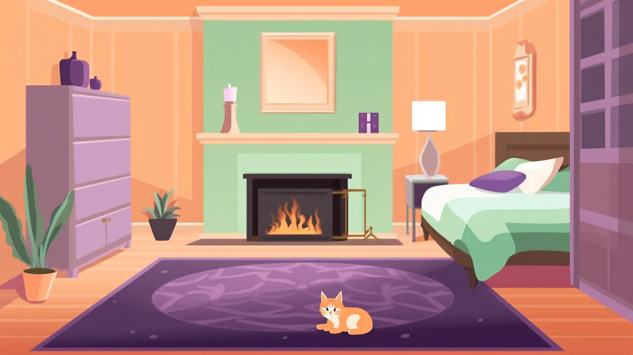 Kleiner orangefarbener Kater, der vor einem Kamin auf einem Teppich sitzt