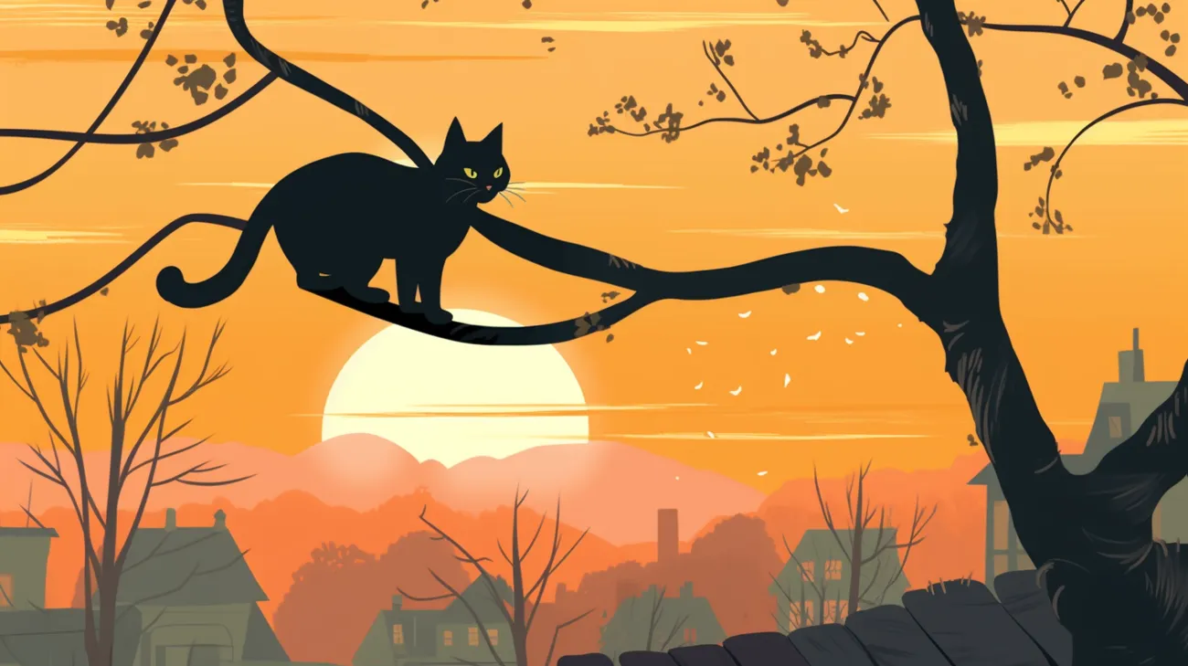 Eine versteckte schwarze Katze sitzt bei Sonnenuntergang auf einem Baumast