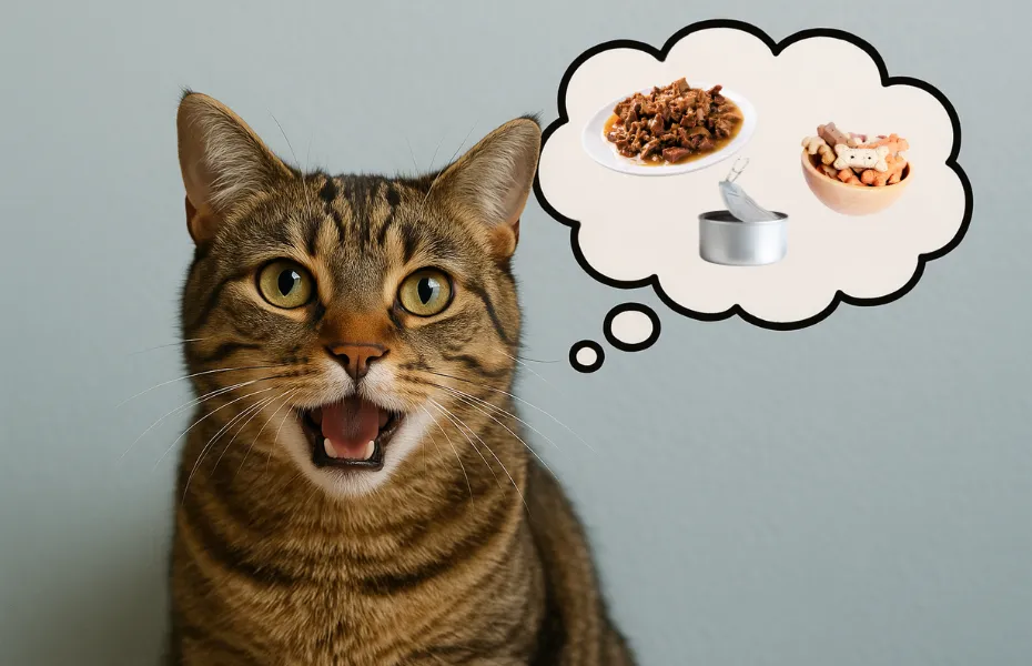 Tabby cat meowing with a thought bubble filled with wet food, canned food, and treats representing vocal requests for meals.