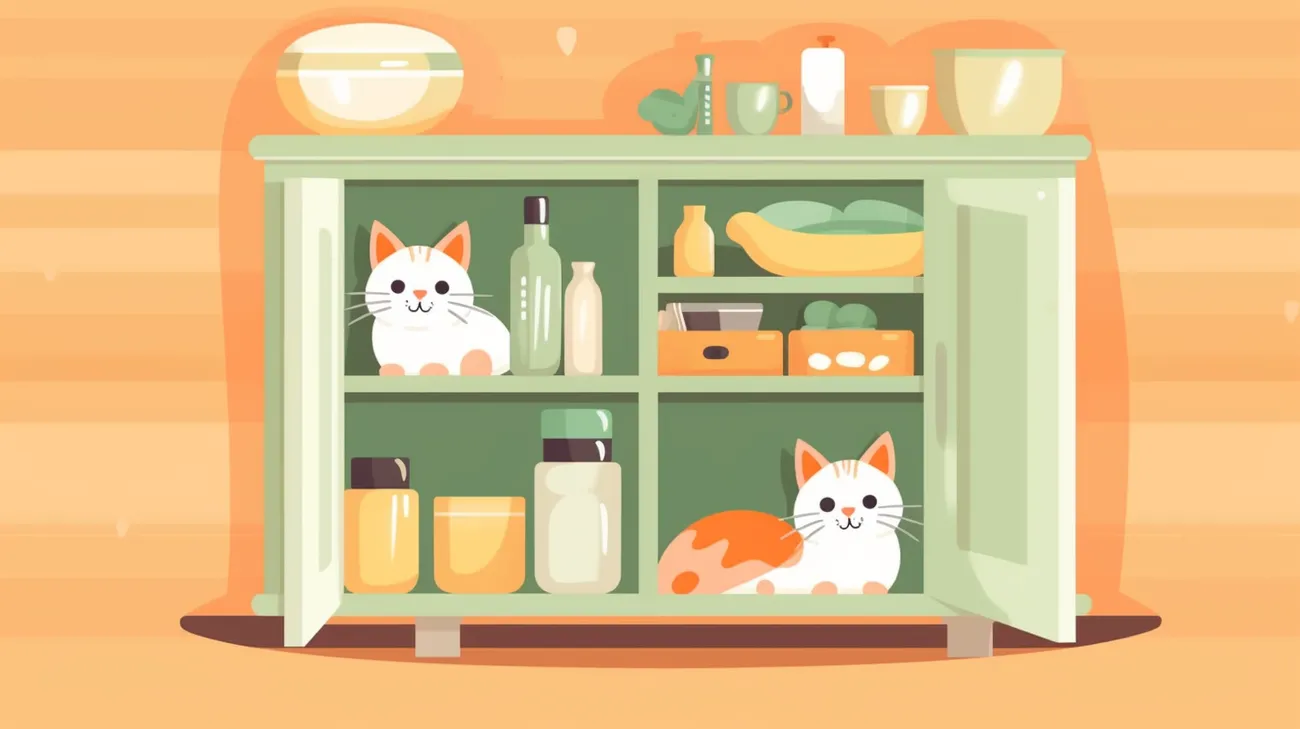 Zwei Katzen verstecken sich zwischen Gegenständen in Schränken