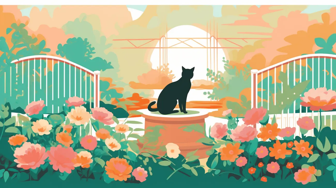 A cat sitting outside in a pretty flower garden after roaming far from home