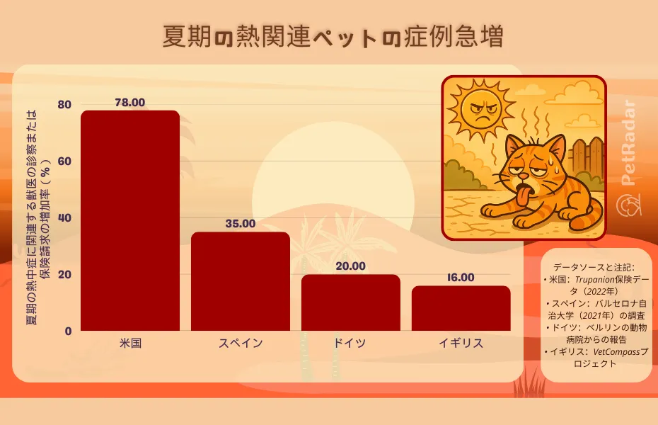米国、スペイン、ドイツ、イギリスにおける夏場の熱中症関連ペット症例数の増加を示す棒グラフ