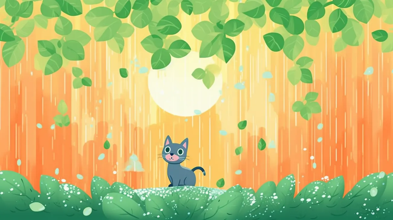 Raindrops on leaves, symbolizing the influence of weather on the search for a lost kitten in the woods