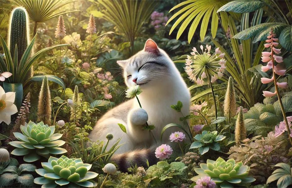 たくさんの美しい花に囲まれた白い猫