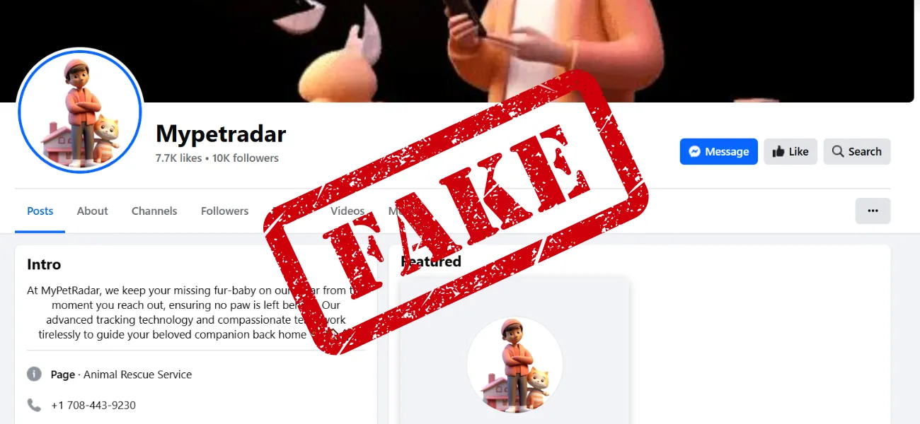 Voorbeeld van neppagina 1 die zich voordoet als PetRadar