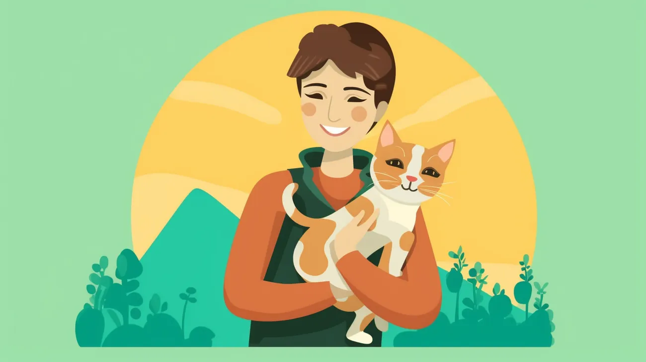 A happy and relieved pet owner holding their found kitten in the woods